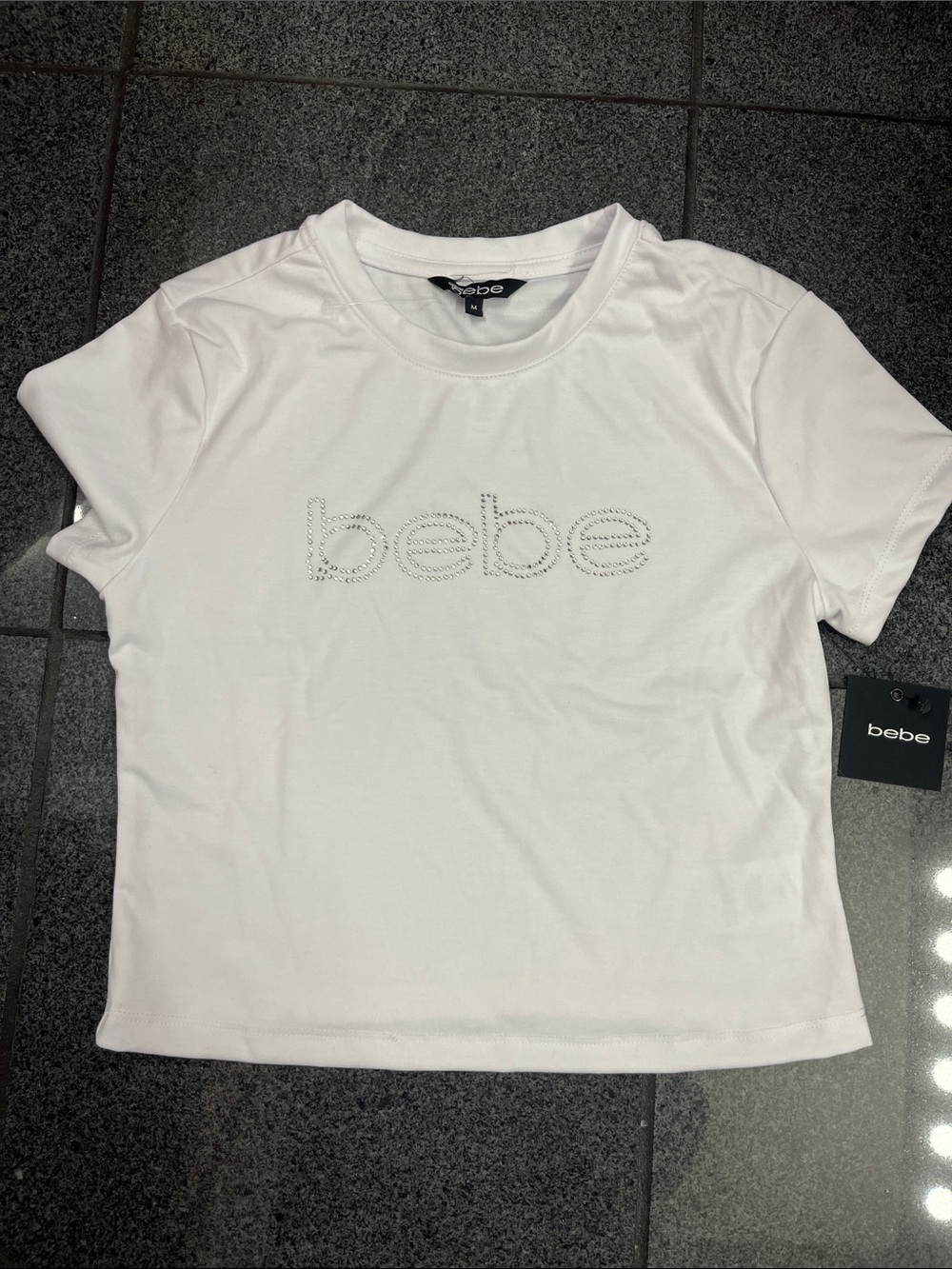 bebe White Rhinestone Logo Tee - Short Sleeve